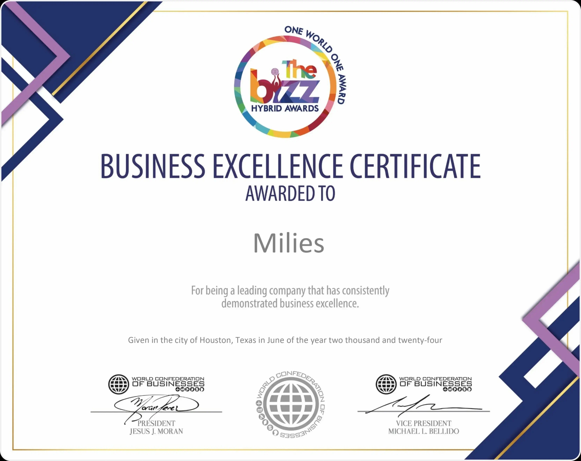 BIZZ AWARDS Recognition and Business Excellence Certificate to Milies